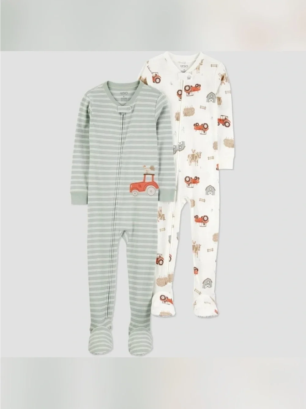 Carter's 2-Pack Zip Footed Pajamas - Sage Green Stripe & Cream Tractor Print